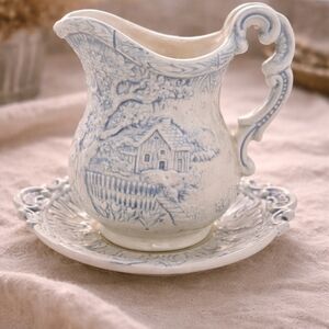 Vintage Blue and White Ceramic Pitcher and Saucer Set